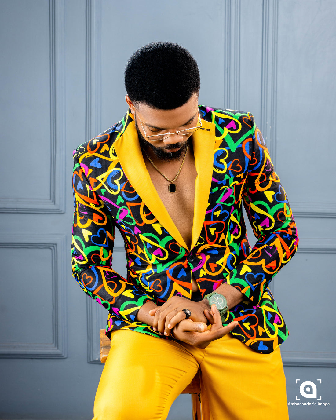 Royale Multicolor Blazer Set - Yellow
