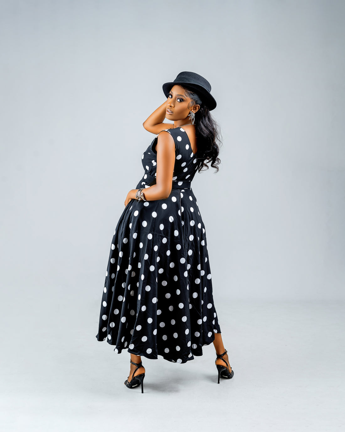 MIDI-LENGTH BLACK POLKADOT DRESS