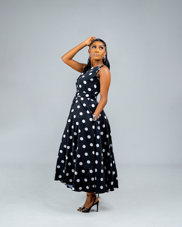 MIDI-LENGTH BLACK POLKADOT DRESS