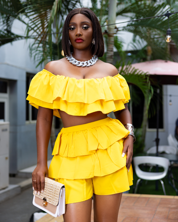 FITOMZ- OFF SHOULDER RUFFLE CROP TOP & PLEATED MINI SKIRT