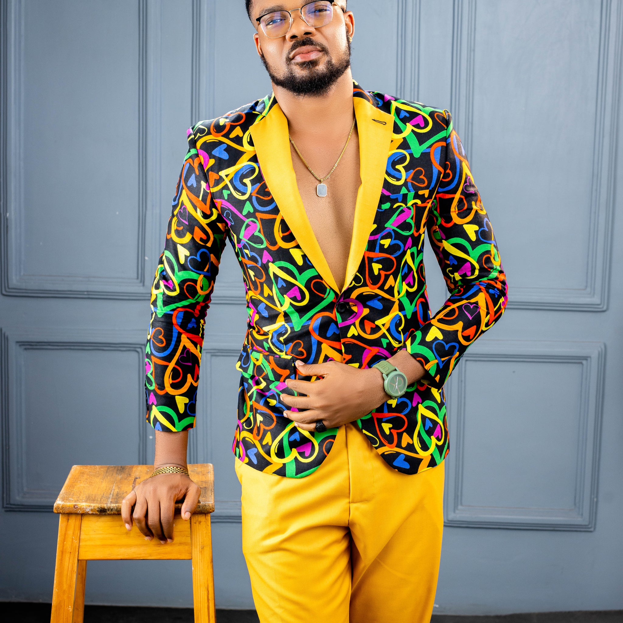 Royale Multicolor Blazer Set - Yellow